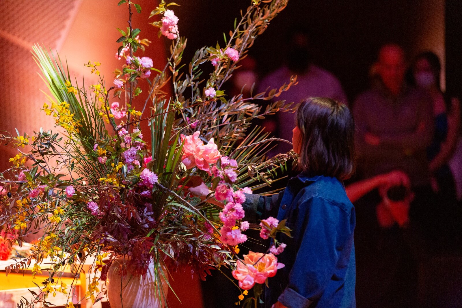 Pink carnations and grasses in stage light beside a listener
